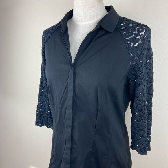 Lafayette 148 Collared 3/4 Lace-Sleeve Button-Down Shirt - Black - Picture 3 of 7